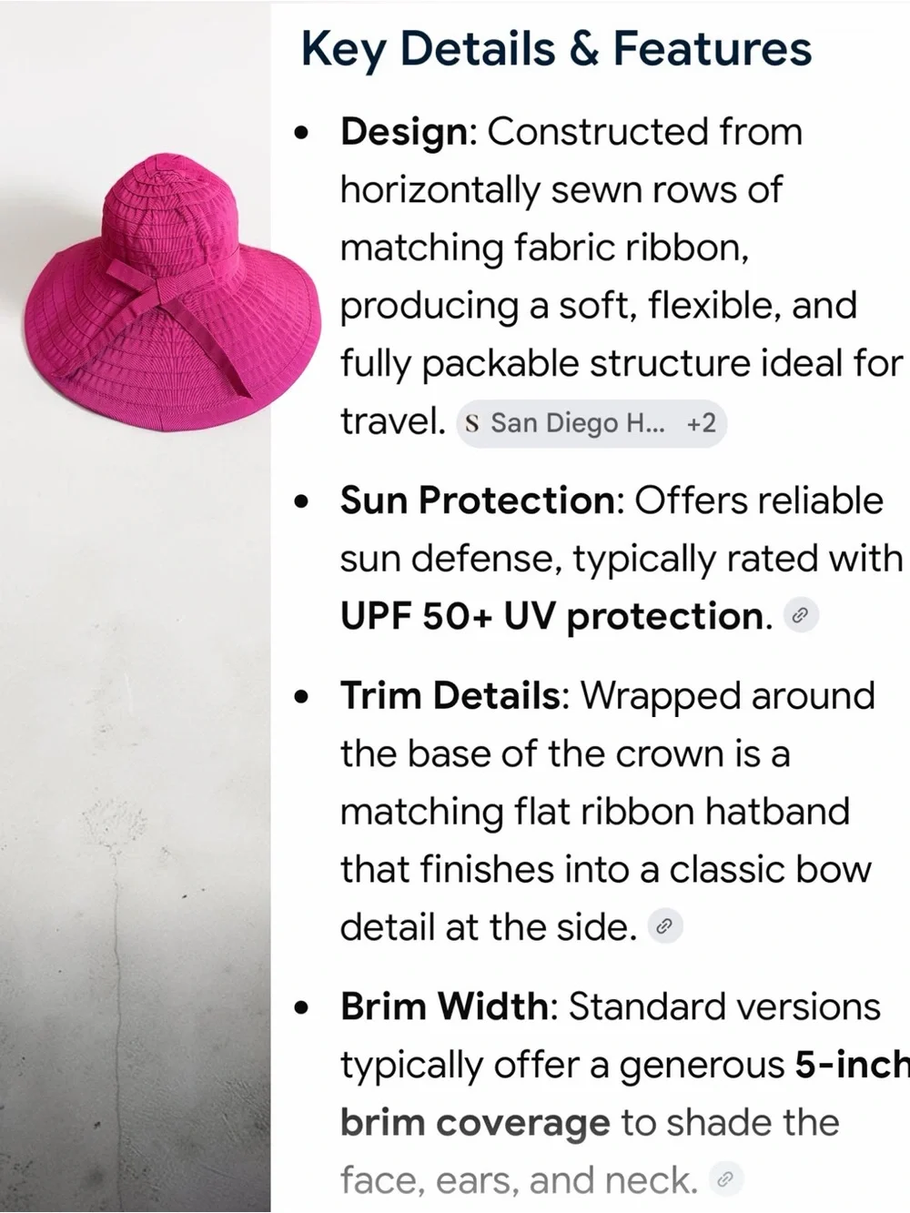 San Diego Hat Company Fuchsia Wide Brim Packable Sun Hat UPF 50 Ribbon Bow Trave